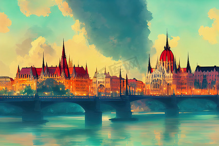 布达佩斯抽象城市二维动漫插画