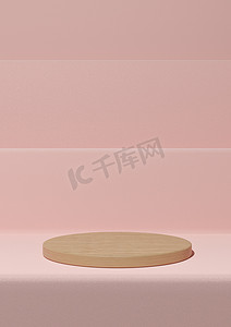 产品台阶摄影照片_柔和、浅红色、鲑鱼粉色 3D 渲染简单的产品展示，最小背景与讲台木缸站在自然产品的台阶上