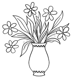 手绘花瓶叶插画，黑白优雅婚礼装饰品，线条艺术简约风格设计夏春自然枝叶开花。