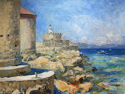 城市油画摄影照片_希腊罗得岛的灯塔和大海，油画