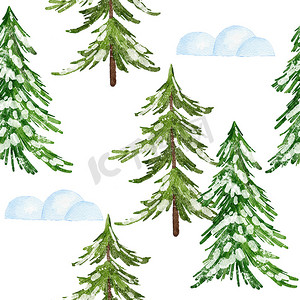 手绘圣诞树摄影照片_手绘水彩无缝图案与圣诞树。