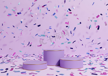 淡淡的、柔和的、淡紫色的紫色 3D 渲染产品展示三个讲台站着五颜六色的五彩纸屑庆祝周年广告和奢侈品的金色线条简单、最小的背景