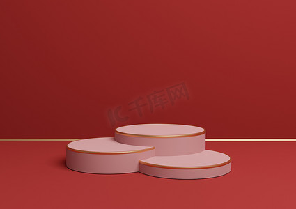 明亮的栗色、深红色 3D 渲染简单的产品展示，带有三个讲台或带有金线最小背景组合的豪华产品展台