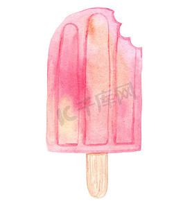儿童冰淇淋摄影照片_水彩手绘粉色冰淇淋在白色背景上隔离的棍子上
