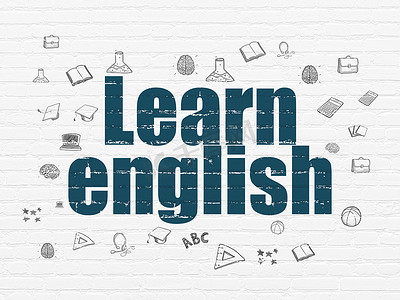 英语培训三折页摄影照片_学习理念： 在墙壁背景上学习英语