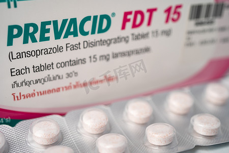 泰国曼谷，2021 年 10 月 1 日 Prevacid，兰索拉唑，一种减少胃酸的药物，治疗消化性溃疡病。