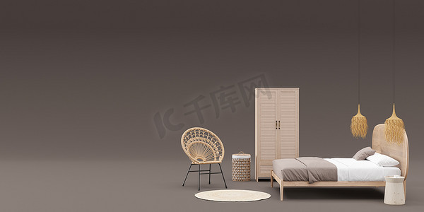 带波西米亚风格卧室家具的横幅和广告文字或徽标的复制空间。
