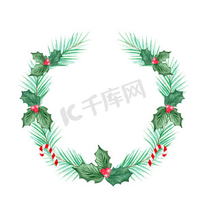 水彩绿色圣诞花环与冬青隔离在白色背景。