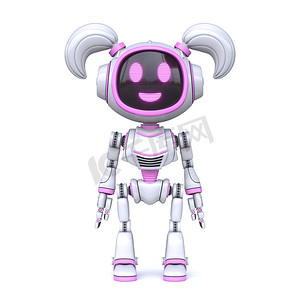 可爱的粉红色女孩机器人站立 3D