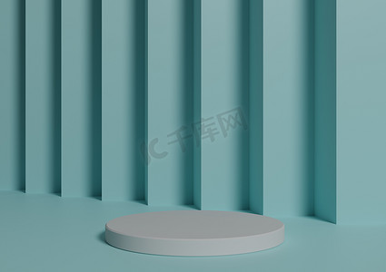 简单、最小的 3D 渲染组合与一个白色圆柱讲台或站在抽象浅淡蓝色背景上用于产品展示