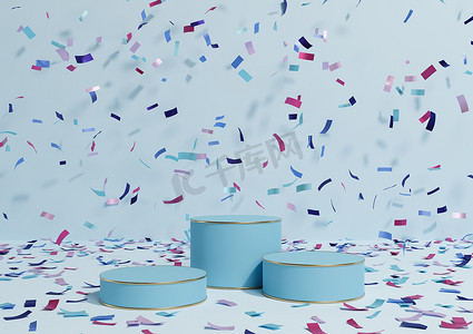 浅色、粉彩、淡蓝色 3D 渲染产品展示三个讲台，上面有彩色五彩纸屑庆祝周年广告和金色线条，用于奢侈品简单、最小的背景