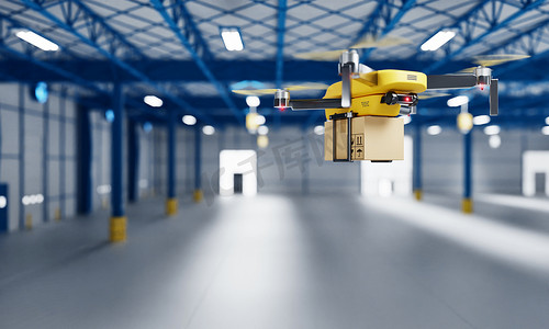 送货无人机将包裹转移到空仓库中，作为创业工厂或运输公司的零部件组装快递。