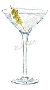 雅致情调摄影照片_水彩手绘马提尼鸡尾酒与孤立在白色背景上的绿橄榄