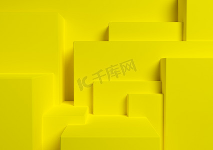 黄简约摄影照片_明亮、霓虹黄色 3D 渲染产品展示台或展台简单、简约、抽象、不对称背景或壁纸，用于产品摄影或广告城市剪影