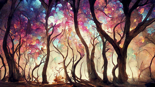 彩绘森林摄影照片_松树森林上空的云彩和雾彩绘风格。