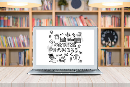 智能笔记本电脑，在木桌上的屏幕上涂鸦在线课程，图书馆背景中有书籍。