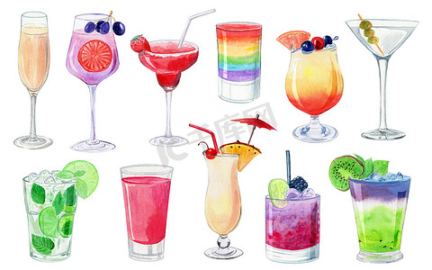 酒吧菜单摄影照片_水彩插图与酒精鸡尾酒隔离在白色背景上的菜单设计。