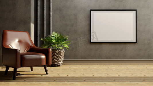 极简主义美学客厅室内设计，带植物和墙框的旧式沙发 3D 插图