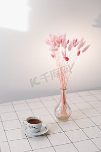 舒适客厅的现代室内设计，桌上有花瓶里的干植物、书和茶杯