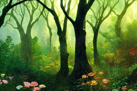 美丽的魔法森林，有童话般的大树和