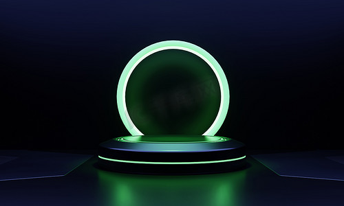 现代圆形产品展示带有绿色发光霓虹灯框架背景的科幻讲台。