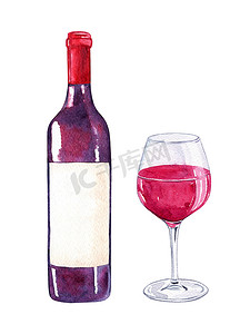 酒吧菜单摄影照片_水彩手绘红酒瓶和玻璃隔离在白色背景上，用于印刷、海报、咖啡馆菜单设计、装饰