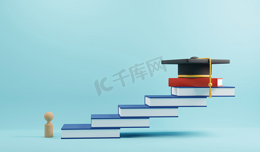 书楼梯3D渲染上木人标志和毕业帽的教育概念设计