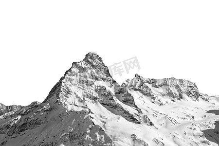 孤立在白色背景上的黑色和白色雪山山峰