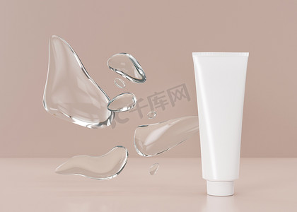 白色和空白的、无品牌的化妆品霜管，具有抽象的水形式。