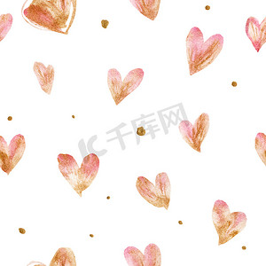 淡金色摄影照片_无缝图案，带有浪漫的淡粉色水彩心和金色圆点