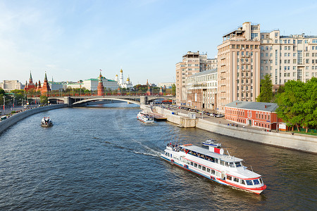 莫斯科全景 - 莫斯科河、克里姆林宫、综艺剧院、大克里姆林宫、天使大教堂。