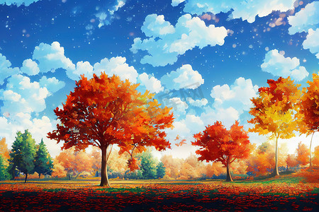 秋天风景秋天树离开天空背景，动漫