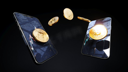 区块链 cyptocurrency 比特币 btc 从手机发送到智能手机，交易应用程序交换，带有比特币硬币的手机，3D 渲染。