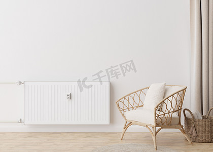 免费ppt下载摄影照片_现代房间白色墙壁上配有恒温器的白色暖气散热器。