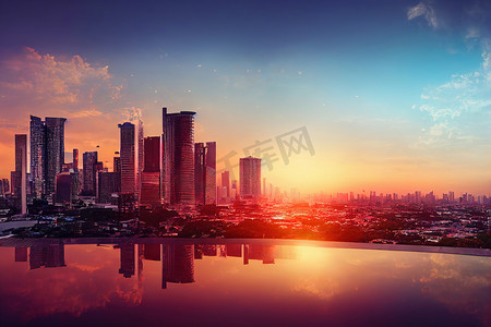 夕阳动漫摄影照片_动漫风格，曼谷全景天际线景观木制观景台
