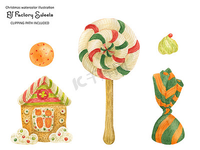 绿色食物插图摄影照片_姜饼屋和圣诞糖果，水彩插图