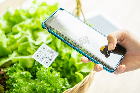 二维码餐牌海报摄影照片_顾客从水培农场购买有机蔬菜，并在食品市场商店使用二维码扫描系统付款。