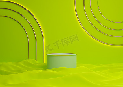 明亮、石灰、霓虹绿 3D 渲染豪华产品展示圆柱台或带金色线条的展台最小构图与拱形几何闪亮灯