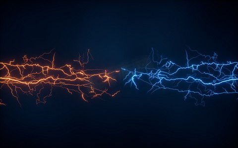 雷电背景图摄影照片_蓝色闪电与深色背景，3D 渲染。