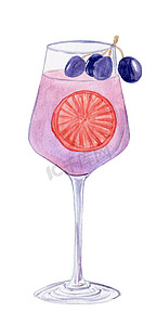 水彩手绘紫色葡萄酒鸡尾酒与葡萄浆果隔离在白色背景的菜单卡和海报