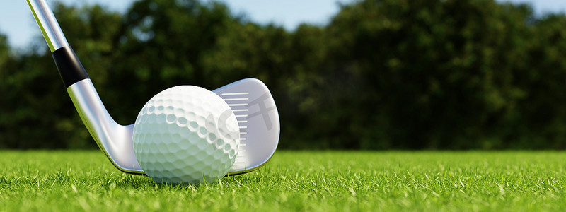 高尔夫球和高尔夫俱乐部有球道绿色背景。