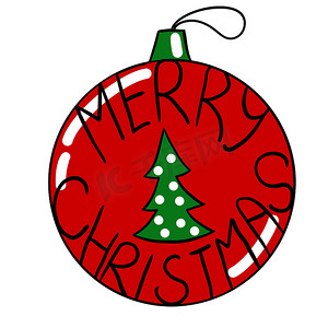 红色丝带手绘摄影照片_手绘插图红色圣诞装饰品，明亮的新年冬季挂球，12 月装饰与树。