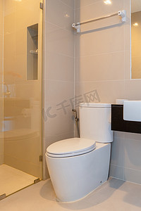 家庭摄影照片_带淋浴和卫生间的现代设计家庭浴室的内部