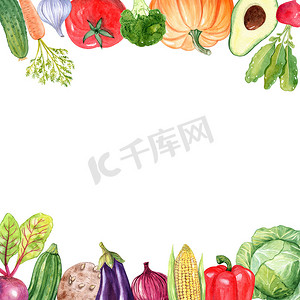 水彩蔬菜方形边框上白色孤立