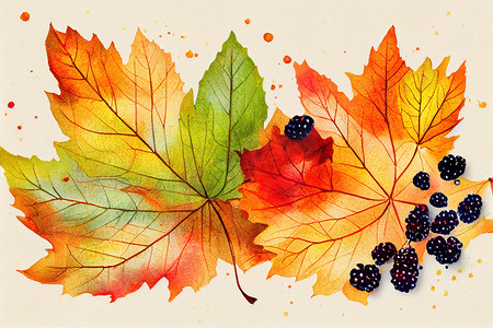 冬天海报摄影照片_叶子和浆果秋天秋天水彩背景与白色