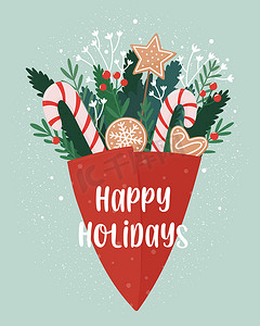 圣诞节或新年的节日贺卡，上面有五颜六色的树枝、姜饼和拐杖糖花束。