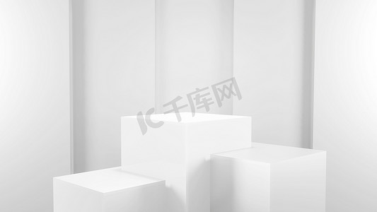 几何立体促销摄影照片_白色和灰色工作室的几何形状背景，用于讲台展示或展示的极简模型，3d 渲染。