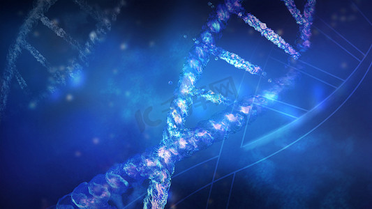 双螺旋 DNA 链的片段特写，3D 渲染。