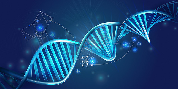 深蓝色背景上发光的 DNA 螺旋和 HUD 元素。