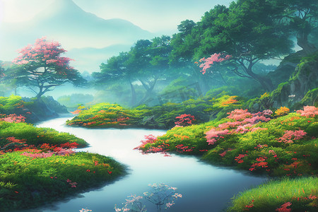 日本动漫风景壁纸，背景为美丽的粉红色樱花树和富士山